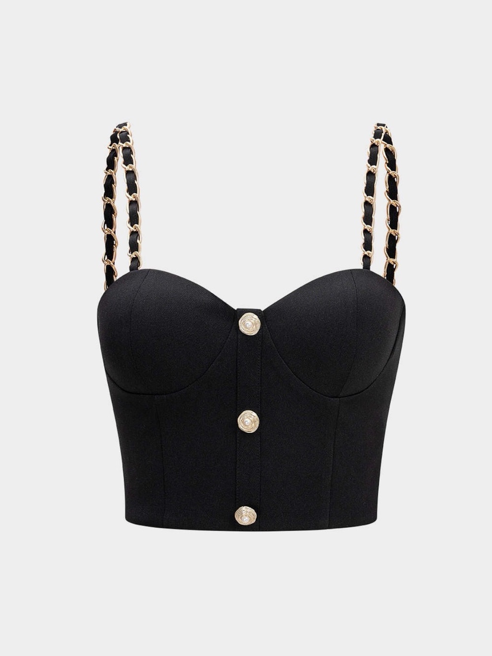 Black Chain-Strap Bustier Tank Top with Gold Buttons